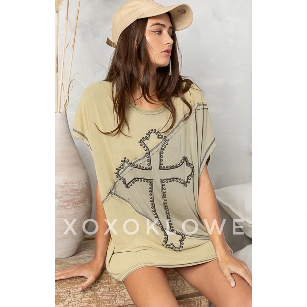POL Olive Two Tone Studded & Embroidered Cross Top - Picture 9 of 14